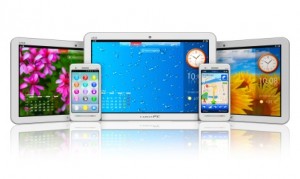 Set of tablet computers and smartphones